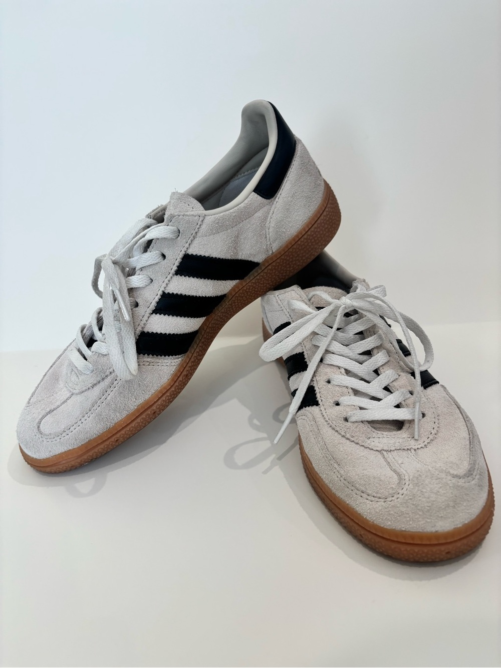 adidas Suede Sneakers in White with Black Stripes and Gum Sole